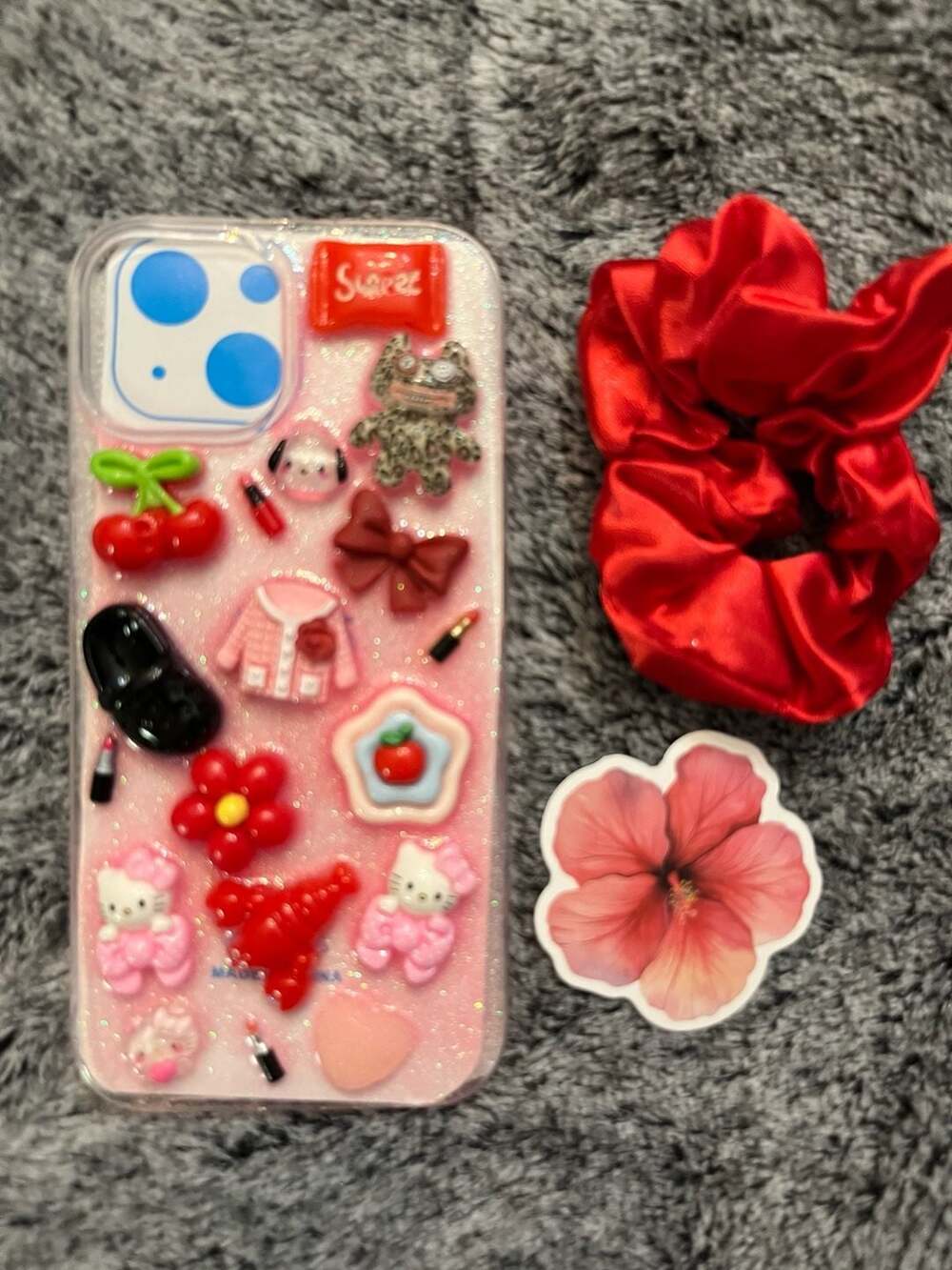 T&M Handmade Hello Kitty Theme Phone Case for iPhone 15 w/ Sticker/Scrunchie